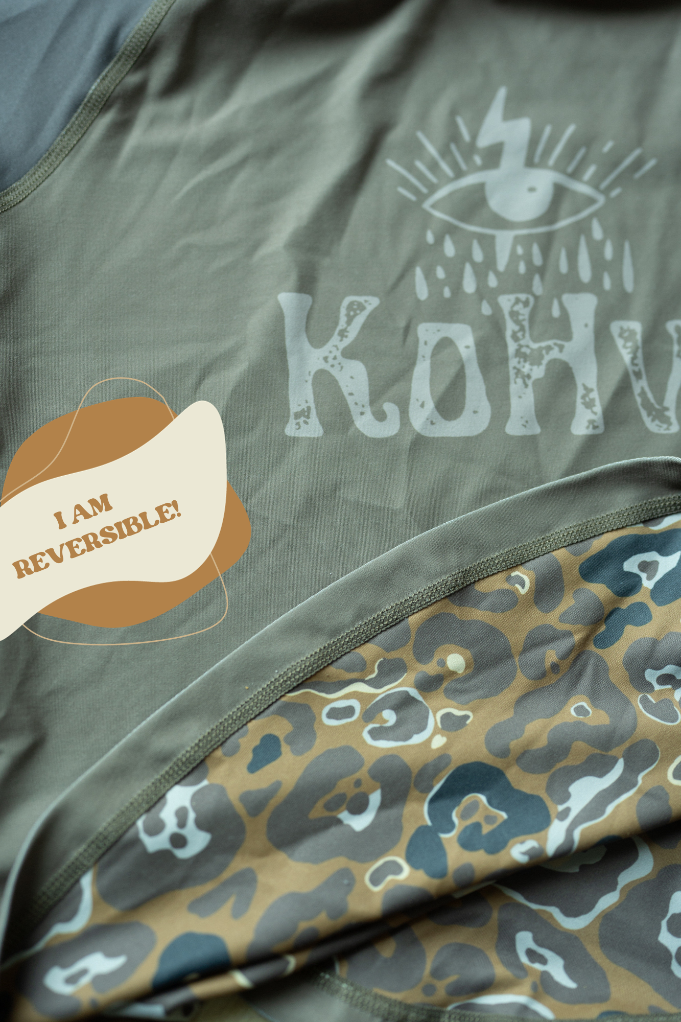 Detail photo showing the reversible fabric designs on the Kohvi rash shirt. Side A is the block olive green fabric with Kohvi logo. Side B is the tan, brown and white camouflage pattern that matched the Jungle Print Board shorts.